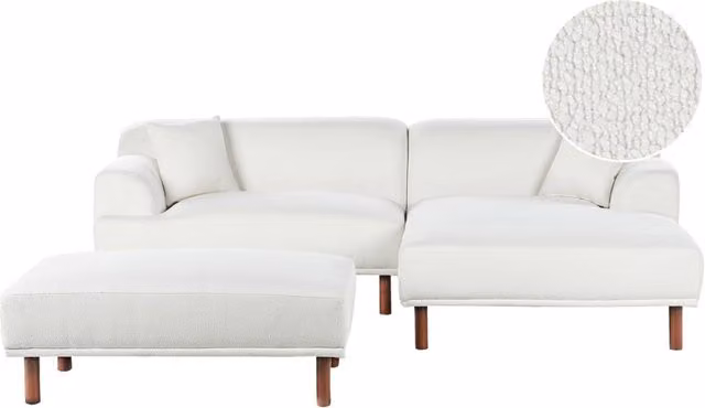Divano ad angolo sinistro BELIANI in tessuto bouclé bianco con pouf, funzione letto e cuscini coordinati, stile minimalista