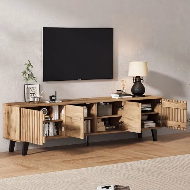 Desviae Mobile porta TV con 4 ante 8 vani e ripiano aperto in truciolato naturale per soggiorno 180 × 40 × 55 cm
