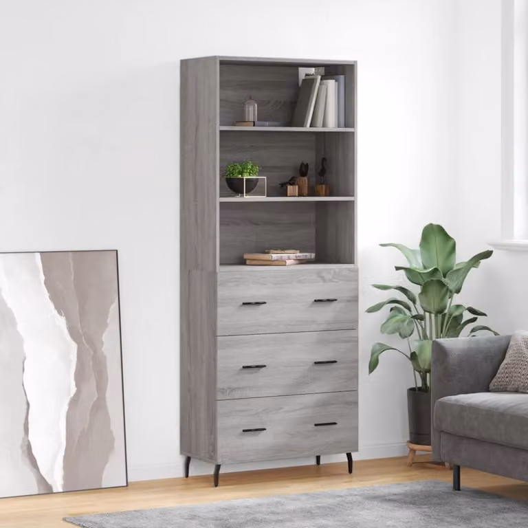 Credenza moderna vidaXL in legno multistrato e metallo, Grigio Sonoma, L: 69,5 cm, P: 34 cm, H: 180 cm
