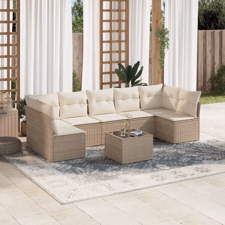 vidaXL Set Divano da Giardino 8 pz a Forma di L in Polyrattan Beige con Tavolino e Ottoman