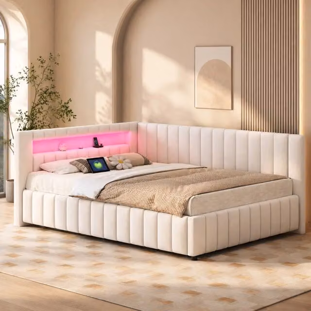 Divano letto angolare imbottito in velluto 140x200 cm con LED; USB e testiera Beige