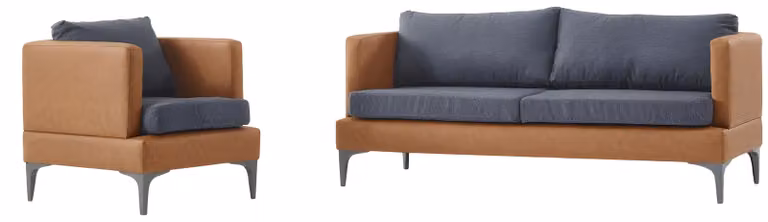 Hochwertige Braune Sofagarnitur Designer Ledersessel Stofkissen 3tlg