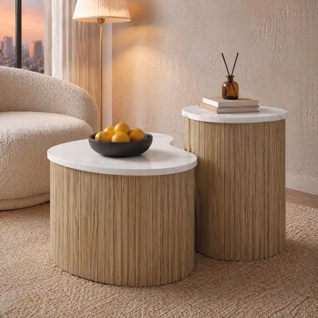 Set 2 tavolini da salotto ULEVR in MDF, effetto marmo e legno, design curvo, naturale e bianco