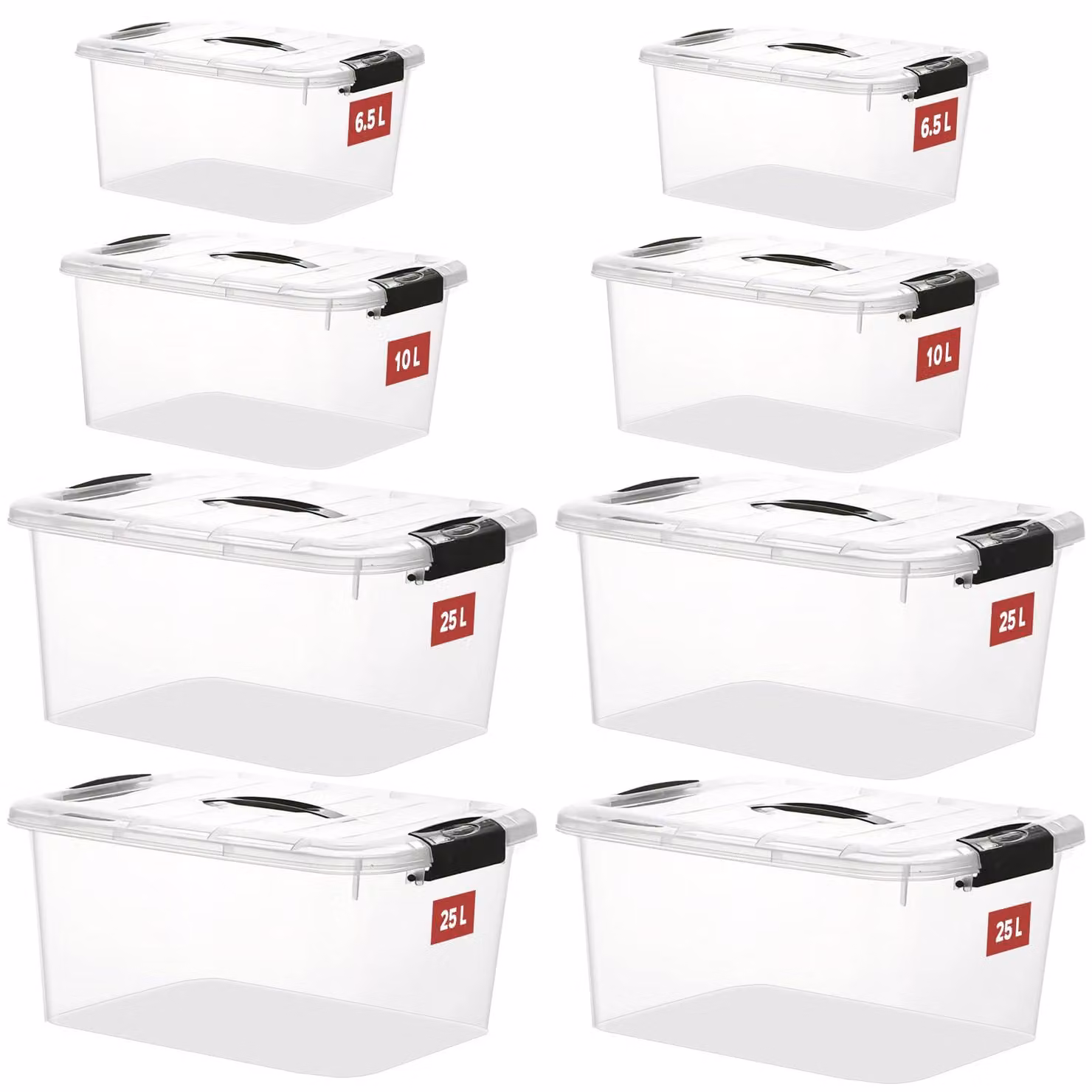 Contenitori in plastica impilabili - 8 contenitori da 25 litri con coperchio e chiusure