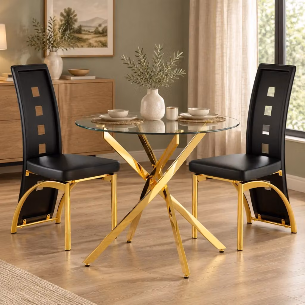 Set da pranzo Mivray composto da tavolo rotondo in vetro temperato e 2 sedie in similpelle, colori nero, oro e trasparente, stile moderno – 2
