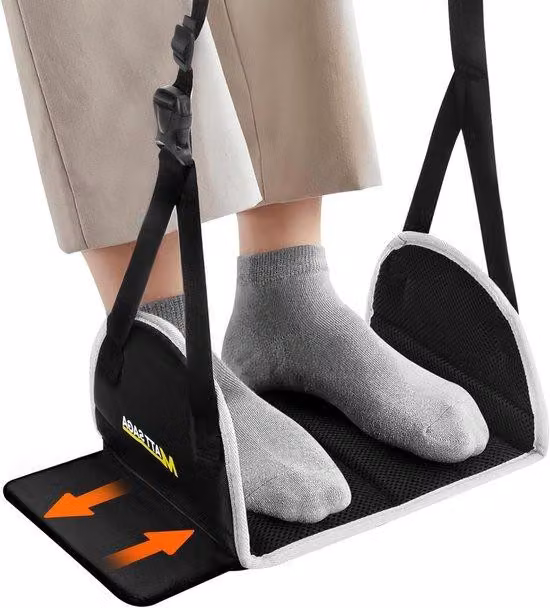 Amaca per i piedi da aereo - Poggiapiedi regolabile con imbottitura spessa in memory Cotone e piastre di sostegno - Ideale per tenere le gambe a riposo durante il viaggio
