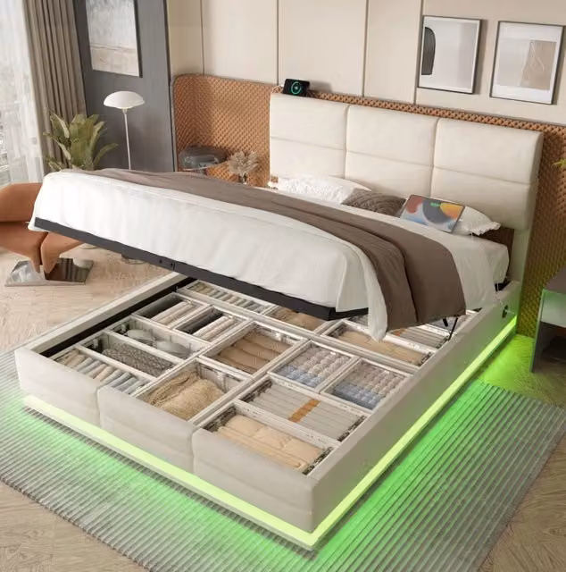Letto contenitore 180x200 cm beige in velluto; testiera regolabile e vano contenitore