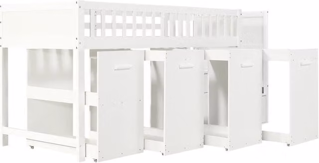 Letto a castello multifunzionale per bambini con protezioni, scrivania e armadi, 90x200 cm, bianco in pino e MDF