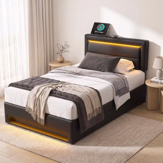 Letto imbottito 90x190 cm con contenitore, LED e ricarica USB in PU nero