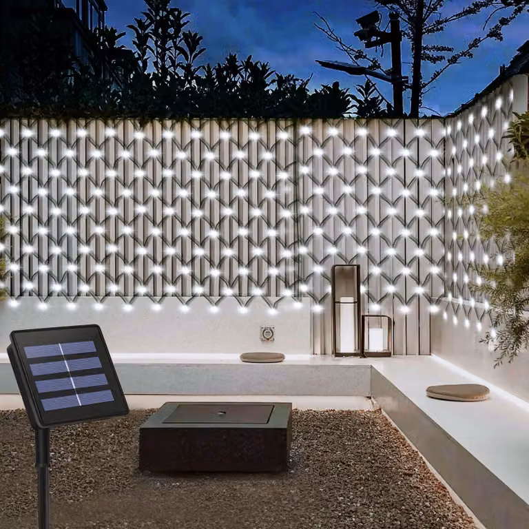 Catena luminosa solare, 3x2 metri, 200 LED, luce bianca fredda, 8 modalità