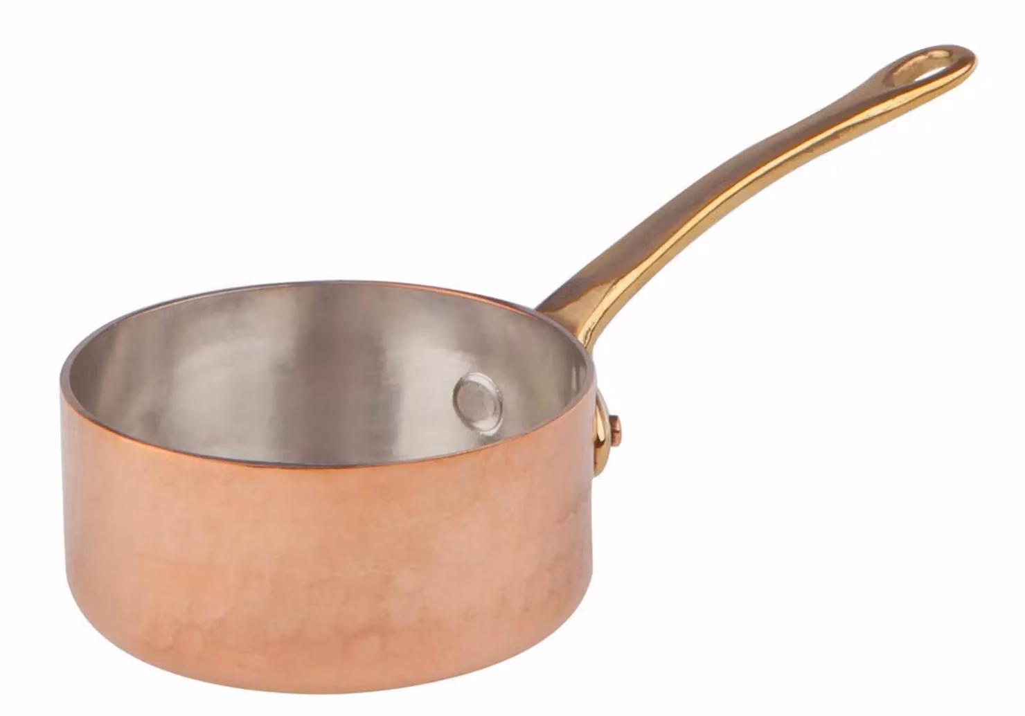Casseruolino basso 1932 in rame martellato con un manico in ottone, diam. 7cm