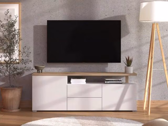 Mobile Porta TV Melzo DMORA con 2 Cassetti, Bianco Opaco e Rovere, L: 154 cm, P: 40 cm, H: 55.5 cm – 1