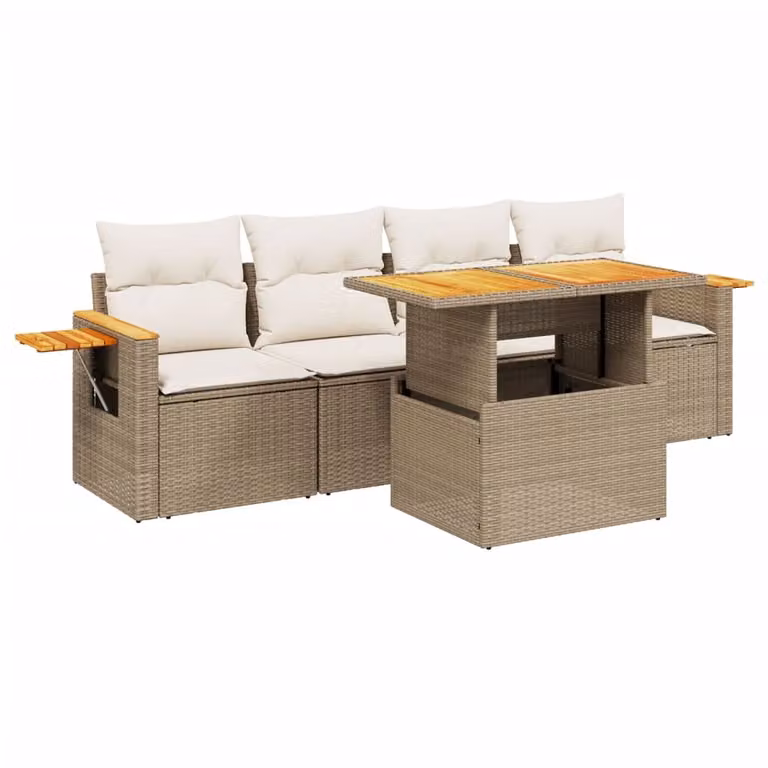 Set Divano da Giardino 5 pz con Cuscini Beige in Polyrattan