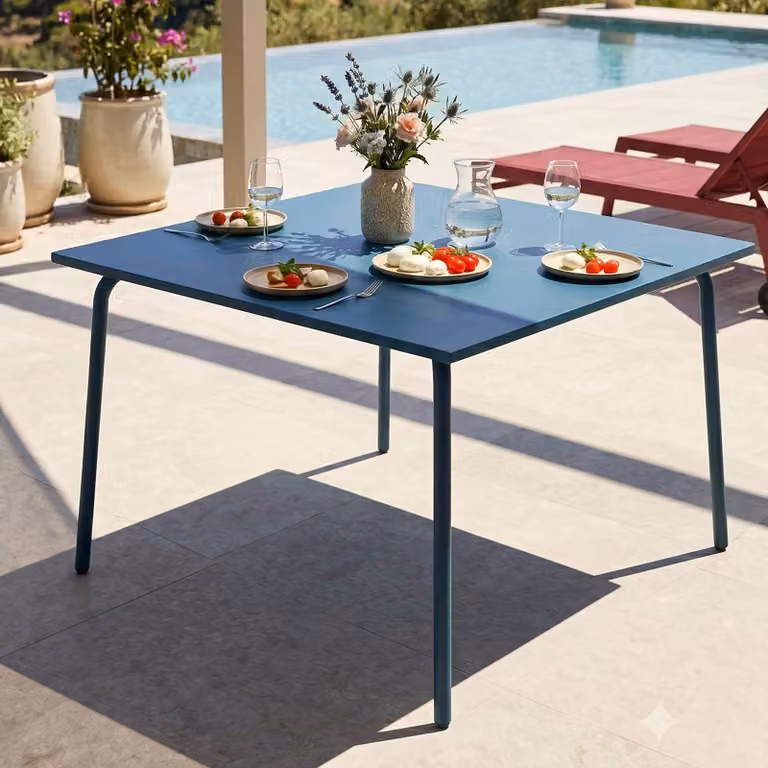Tavolo da giardino quadrato in metallo blu pacifico - Oviala Palavas