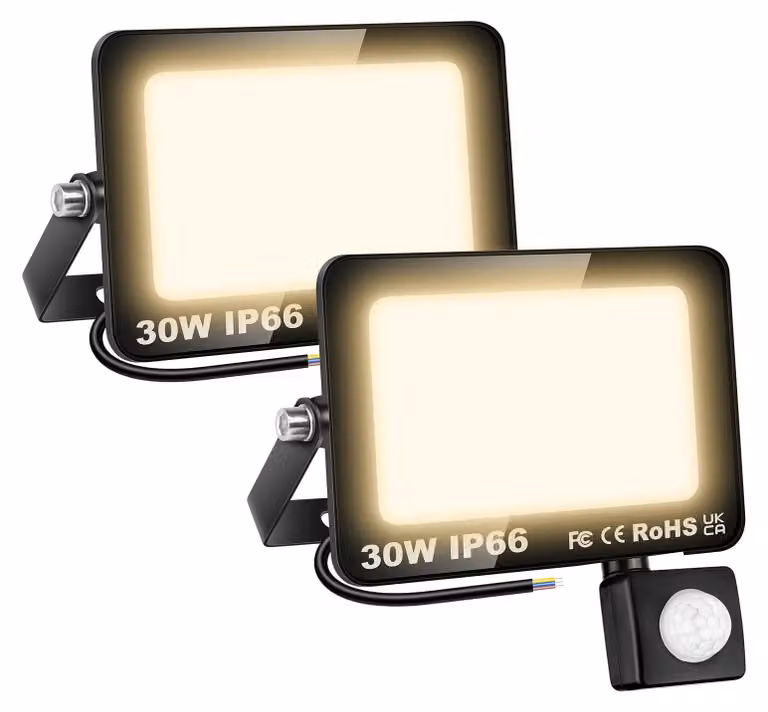 Faretti LED con sensore di movimento, 30 W, luce bianco caldo, grado di protezione IP66, confezione da 2 pezzi