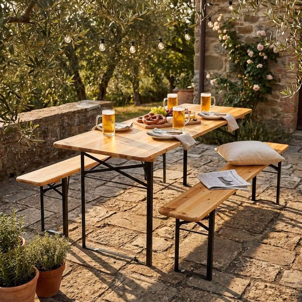 Milani Home - set birreria tavolo e panche, legno, tavolo e 2 panche, 8 posti, marrone e verde, piano 220 x 70 cm