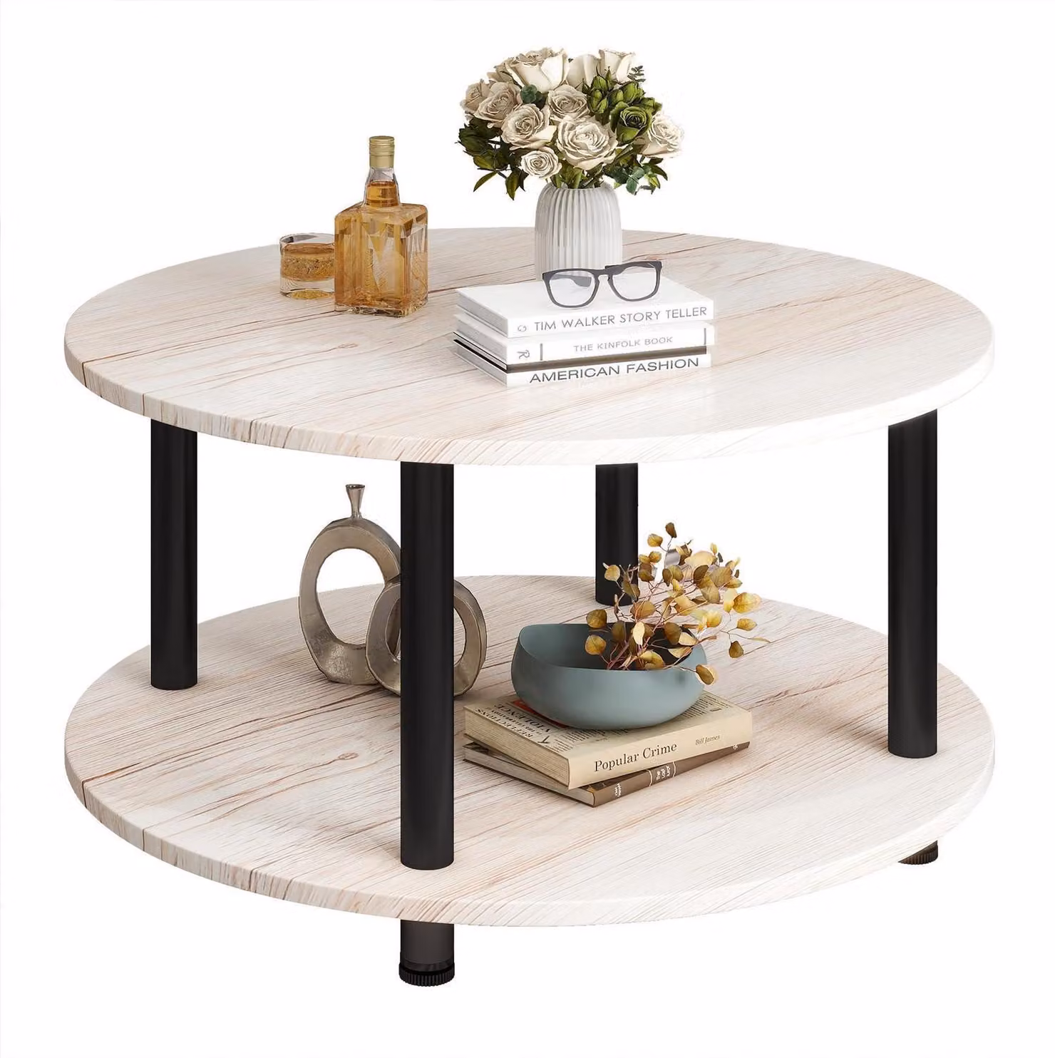 Tavolino rotondo con 2 ripiani, struttura in metallo nero e piano in MDF effetto legno di quercia, dimensioni 60 x 60 x 48,5 cm
