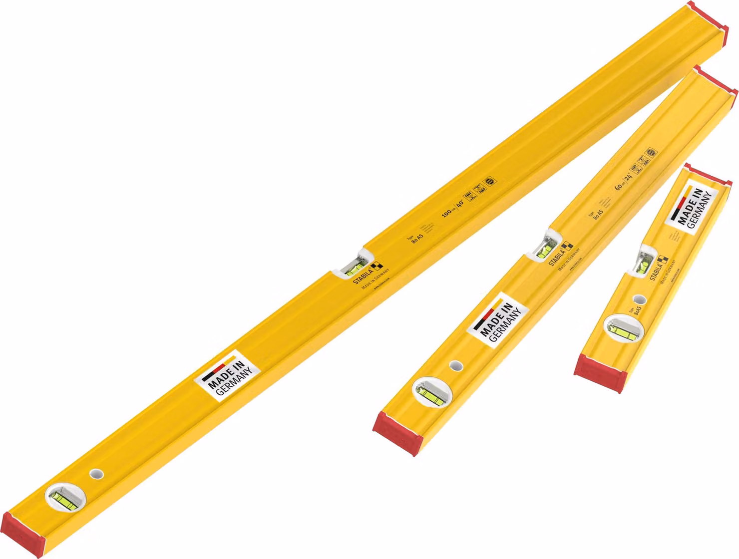 Set di livelle STABILA - PRIME SET 80 AS - Set di 3 livelle: 100 cm / 60 cm / 30 cm, con piedini antiscivolo integrati e bolla di livello orizzontale e verticale, Germany