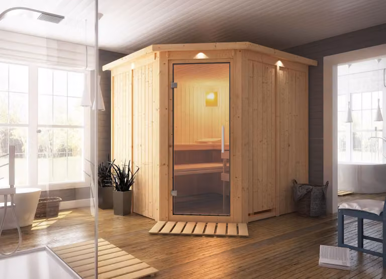 Karibu Sauna Jarin (ingresso angolare), porta in vetro trasparente, vetro trasparente, stufa da 9 kW, controllo esterno sistema facile da usare