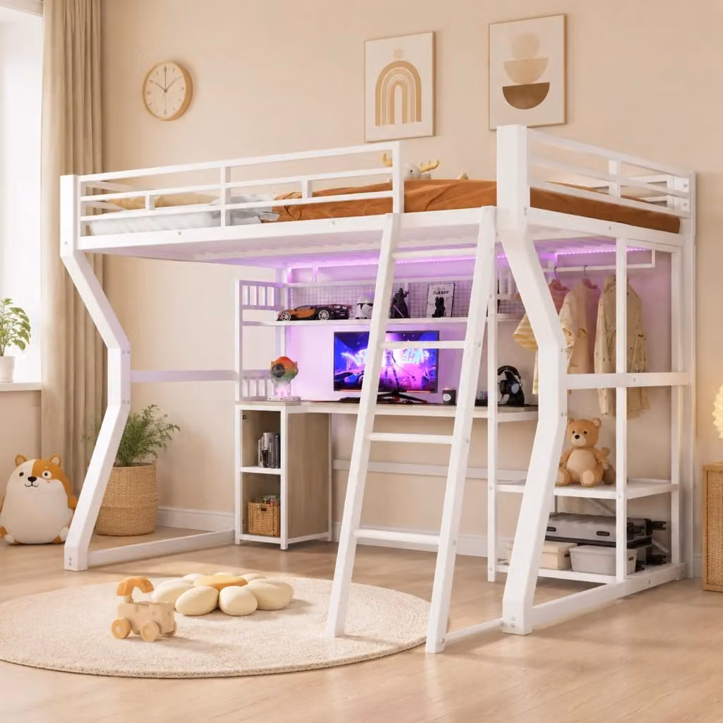 Letto a soppalco MIVRAY bianco con scrivania, ripiani, vano appendiabiti, barra luminosa e porta USB, L/P/H: 200 x 140 x 204 cm – 2