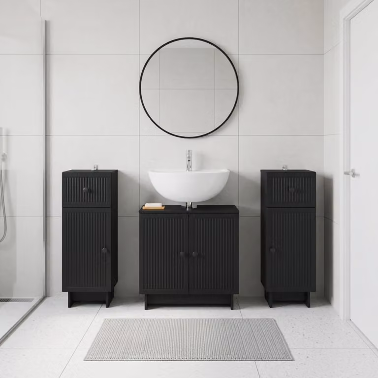 Set di mobili da bagno vidaXL EDE in 3 pezzi nero opaco con mobile lavabo e armadietti laterali
