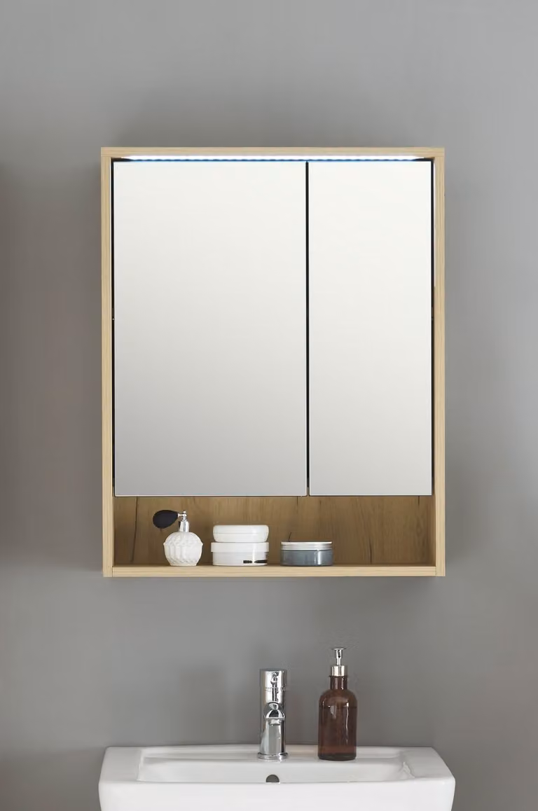 Armadietto a specchio da bagno >Vassili< in finitura rovere Artisan