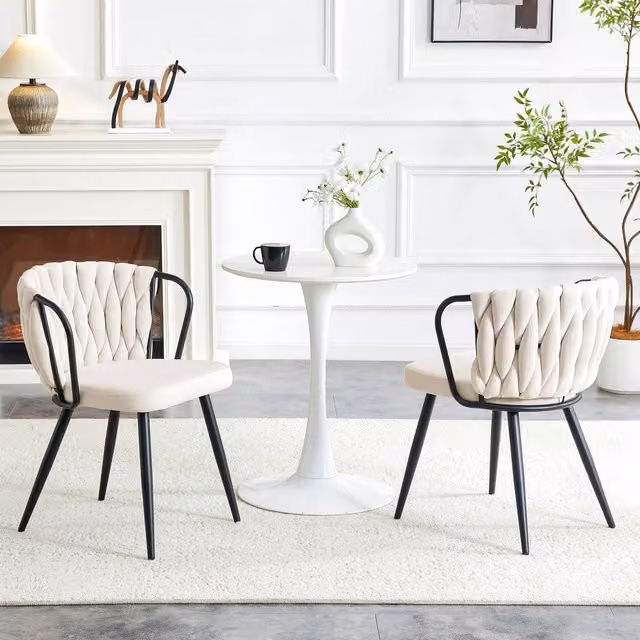 Sedia da Pranzo Minimal Imbottita in Velluto con Schienale Intrecciato e Gambe in Metallo Beige e Nero