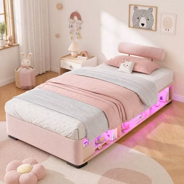 Letto per bambini 90 × 200 cm con scaffale laterale aperto e LED, senza materasso, in velluto, rosa