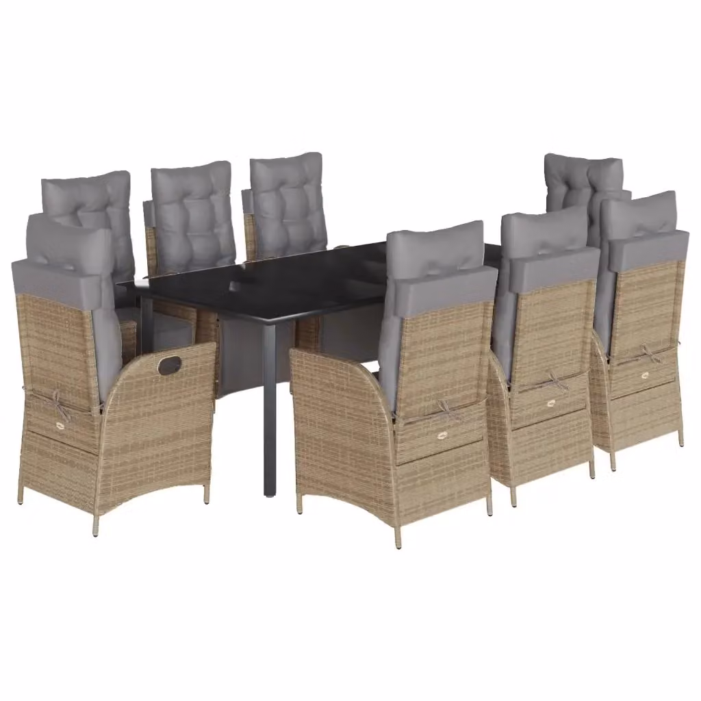 Set Pranzo da Giardino vidaXL in Polyrattan con Cuscini Beige Misto e Tavolo in Vetro, 9 Pezzi – 2