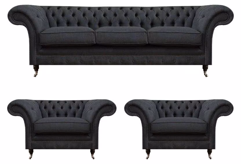 Graue Chesterfield Bettfunktion Sofa Textil 2x Sessel 3tlg Set Garnitur