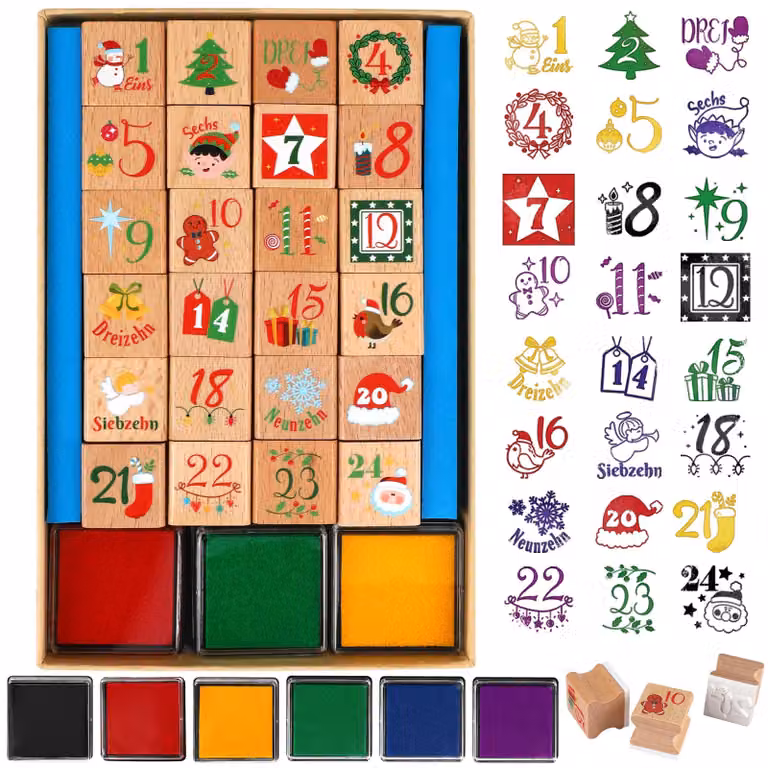 Calendario dell'Avvento con timbri a tema natalizio, da 1 a 24, confezione da 6 pezzi, kit per attività creative fai-da-te