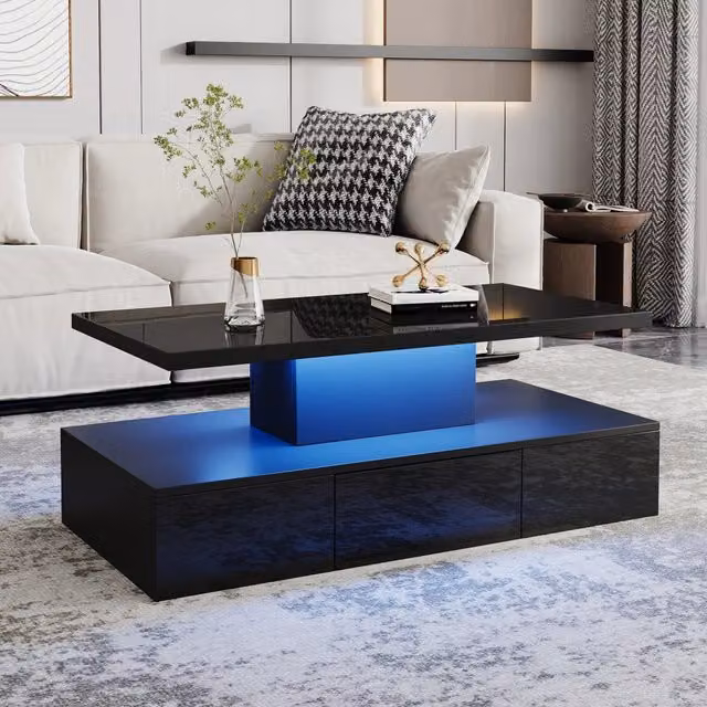 Tavolino da salotto moderno nero con LED dimmerabile, ripiano aperto e 1 cassetto, 100 x 50 x 39 cm
