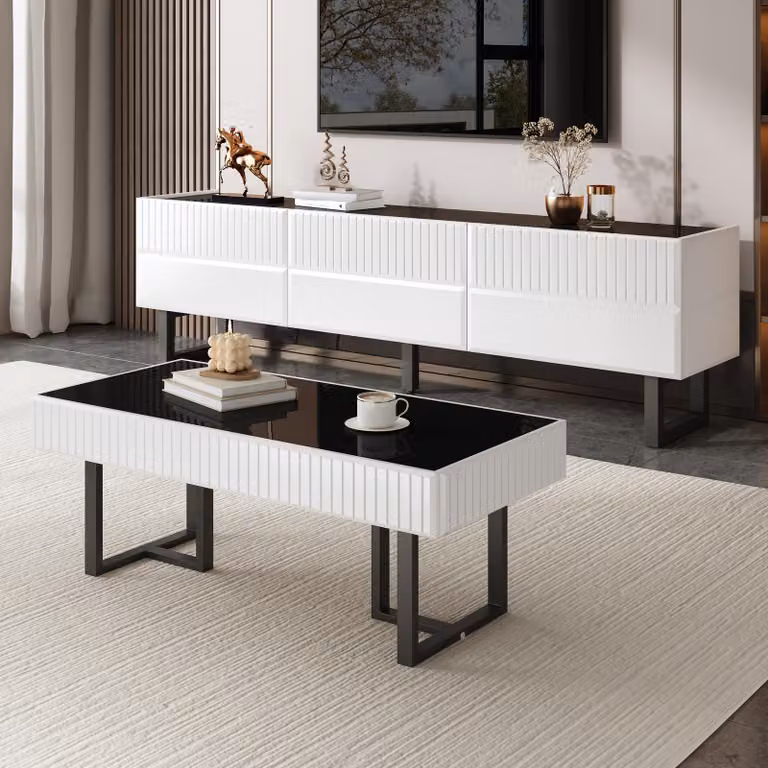 Tavolino STILVORA in bianco e nero, tavolino da salotto con piano nero lucido, gambe robuste, facile da pulire