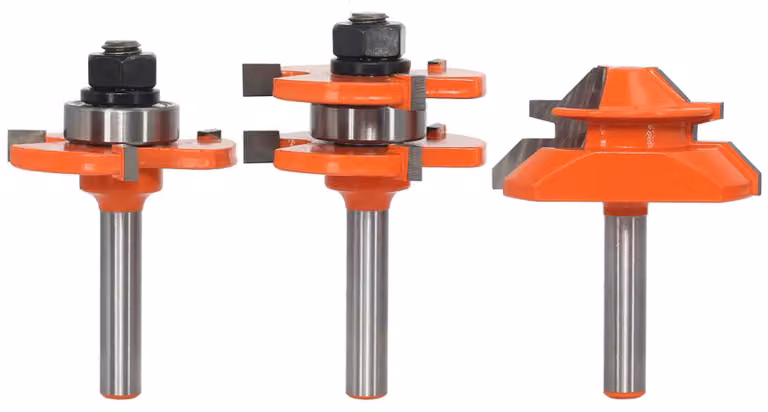 Set di 3 frese a 45 gradi, per scanalature e incastri, con attacco da 8 mm