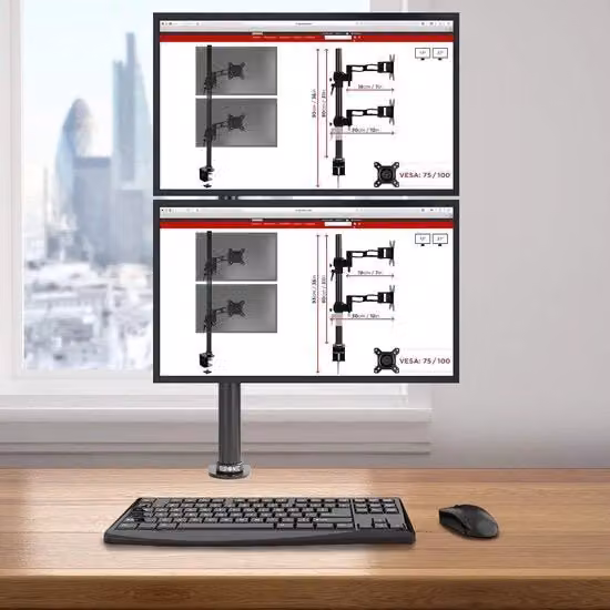 Braccio doppio per monitor da 13 a 27 pollici MD6802 nero, regolabile in altezza con tilt 45° e rotazione 360°, supporto VESA 75x75 mm