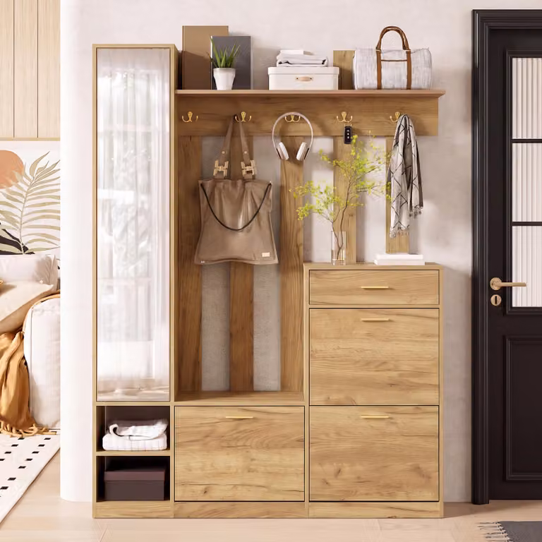Comodino Flieks con specchio e contenitori per scarpe, set di appendiabiti con cassetto e ganci, armadio compatto con spazio contenitivo, modello Natural, dimensioni 133x23,5x180 cm