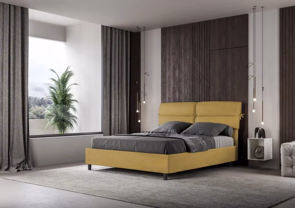 Letto matrimoniale contenitore BS COM imbottito in microfibra con doppia alzata, colore ocra, L: 160 cm x P: 200 cm – 2