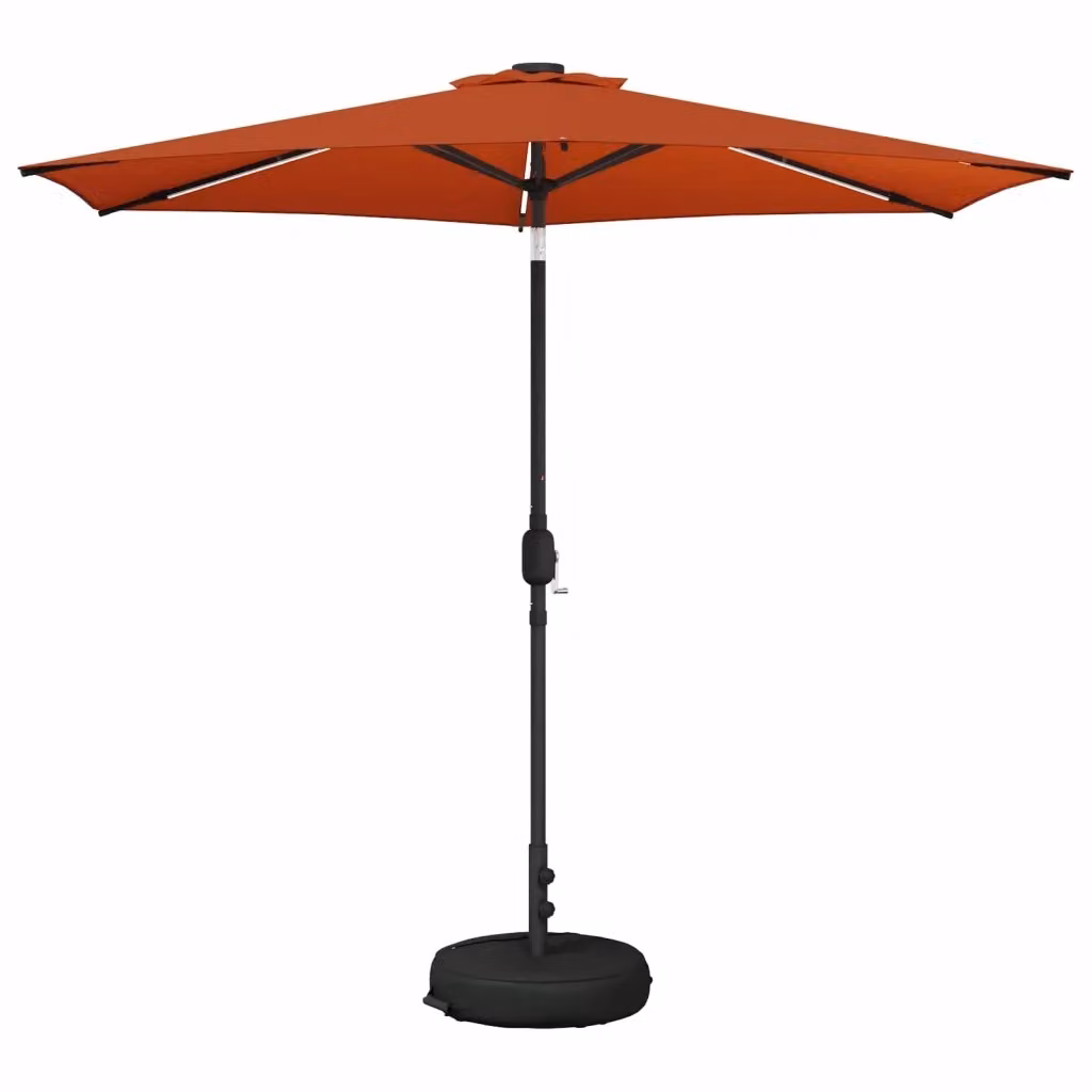 Ombrellone da giardino con luci LED e base in poliestere, colori marrone e arancione, L: 270 cm x P: 270 cm – 2