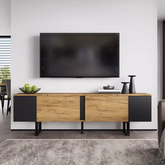 Mobile TV basso 180x40x55 cm con 2 ante e vani aperti; legno naturale e nero