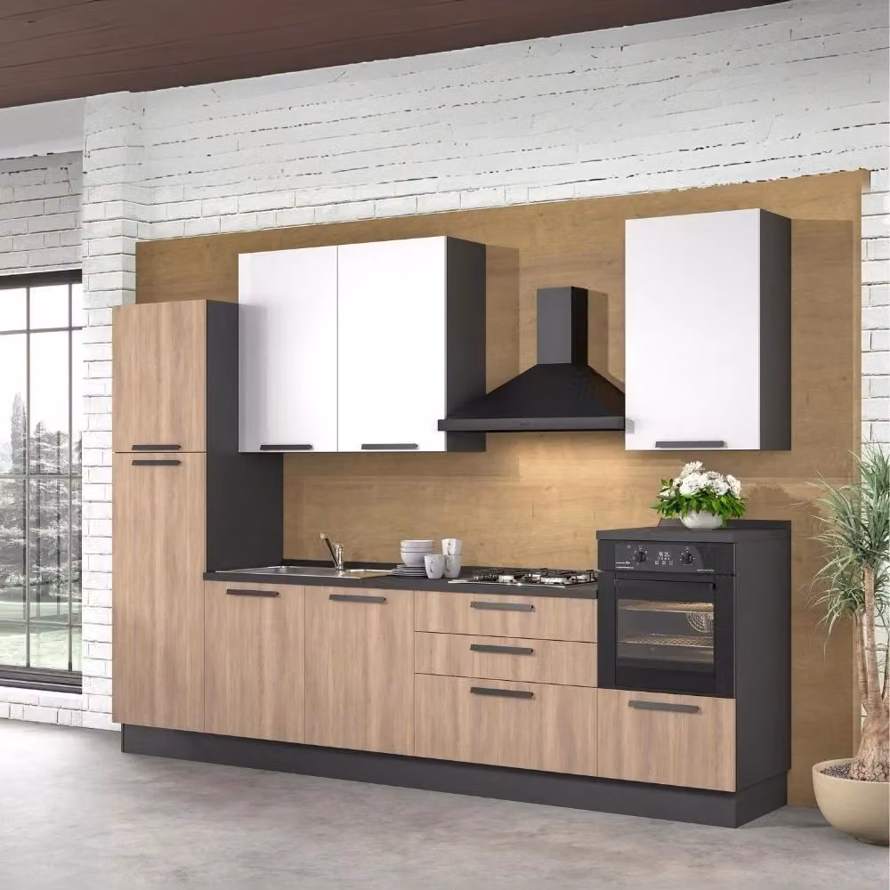 Cucina lineare moderna Sinki 330 con elettrodomestici integrati in rovere e bianco L: 330 cm, P: 60 cm, H: 240 cm – 2