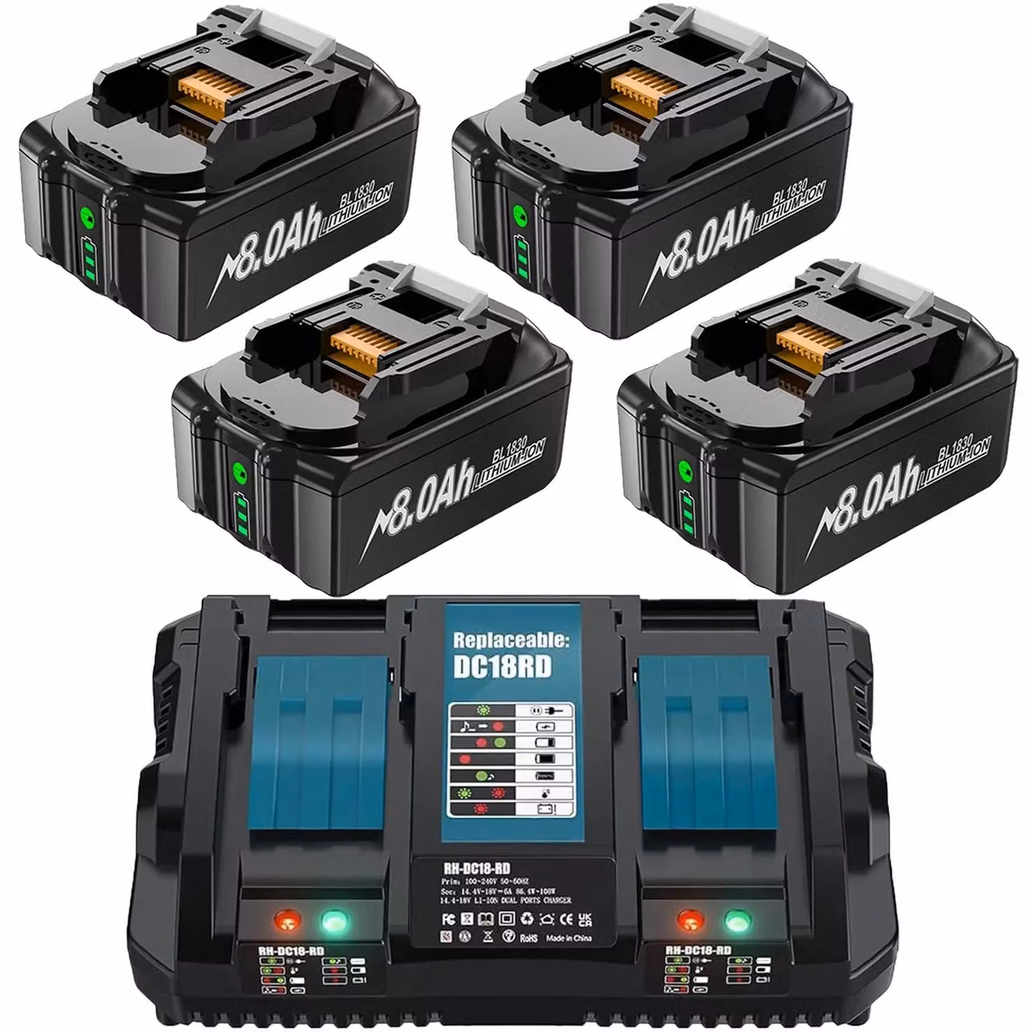 Set di batterie da 18V per utensili elettrici - Batteria di ricambio agli ioni di litio - 4 batterie da 8,0Ah ad alta capacità - Con caricabatterie rapido da 6A - Compatibile con BL1830, BL1815, BL1840, BL1860 - Ricaricabile