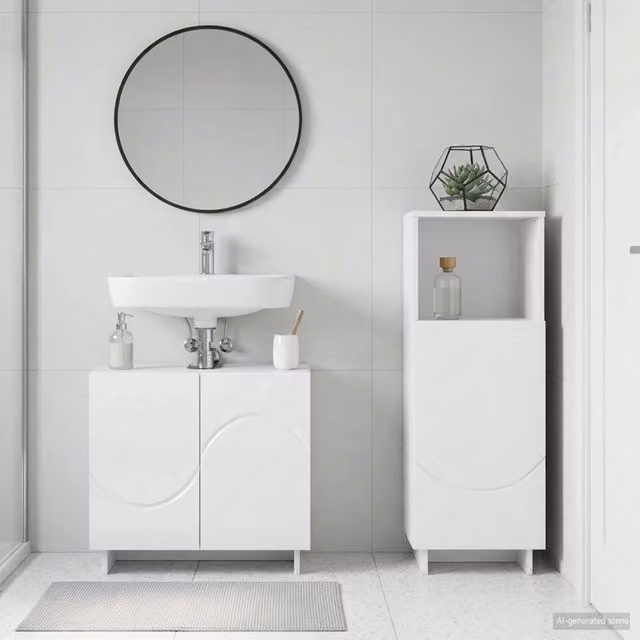Set mobili da bagno moderno vidaXL in MDF bianco lucido con vanità e armadietto a 2 pezzi
