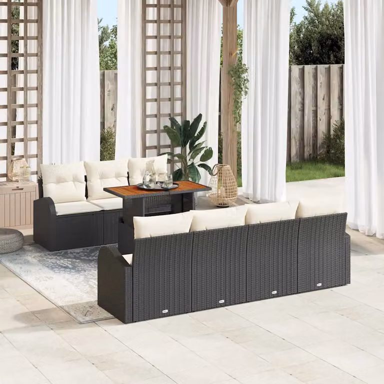 Set Divano da Giardino Moderno vidaXL in Polyrattan con Legno di Acacia, Nero e Beige