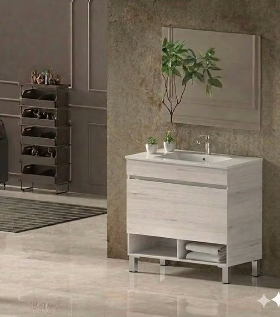 Mobile Bagno NEBARI com gambe Già Montato 1 cassetto, lavabo e specchio Bianco nordico 60x45 cm