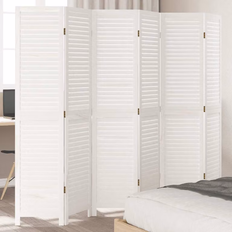 Divisorio Ambienti vidaXL con 6 Pannelli in Legno Massello di Paulownia Bianco Retrò H: 180 cm, L: 215 cm, P: 180 cm