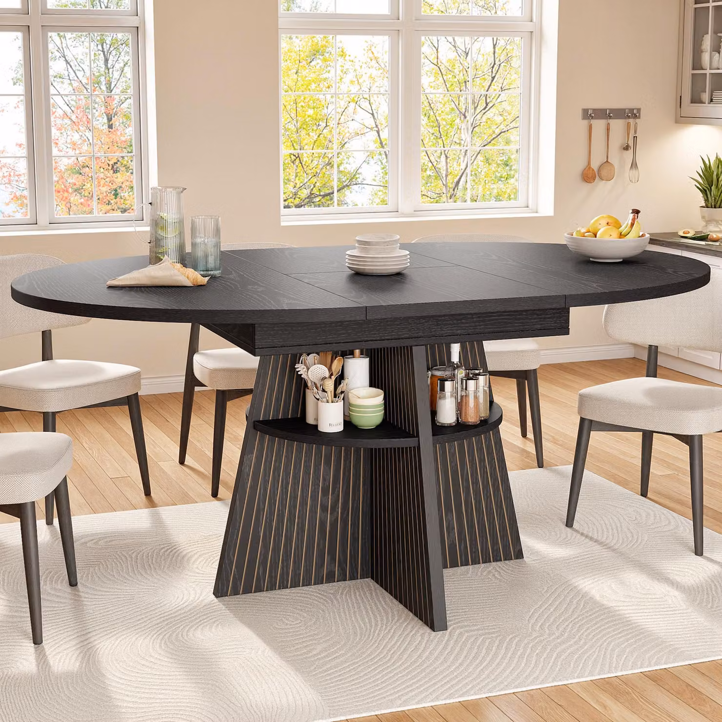 Flieks Tavolo da pranzo allungabile con vano portaoggetti aperto, tavolo da pranzo con piano rinforzato, tavolo da cucina 110-150 x 110 x 76 cm, nero