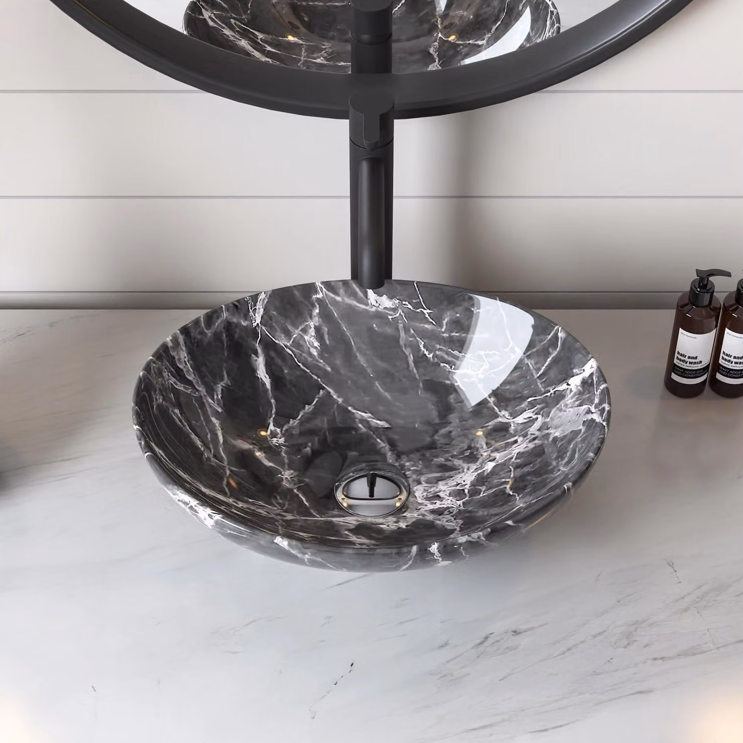 Lavabo a incasso ovale - Modello DV-1V0089 - Vetroceramica - Capacità: 9 litri - Senza foro per rubinetto - Autoportante - Dimensioni: 40 x 33 x 14,5 cm - Aspetto marmo bianco e nero
