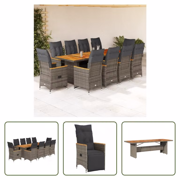 The Living Store Set bistrot da giardino 11 pezzi con cuscini in poly rattan grigio