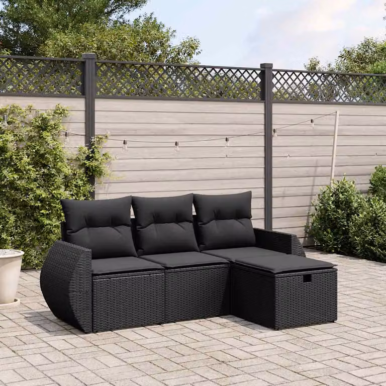 Set di divani da giardino vidaXL a forma di L composto da 4 pezzi con cuscini, nero in rattan e metallo