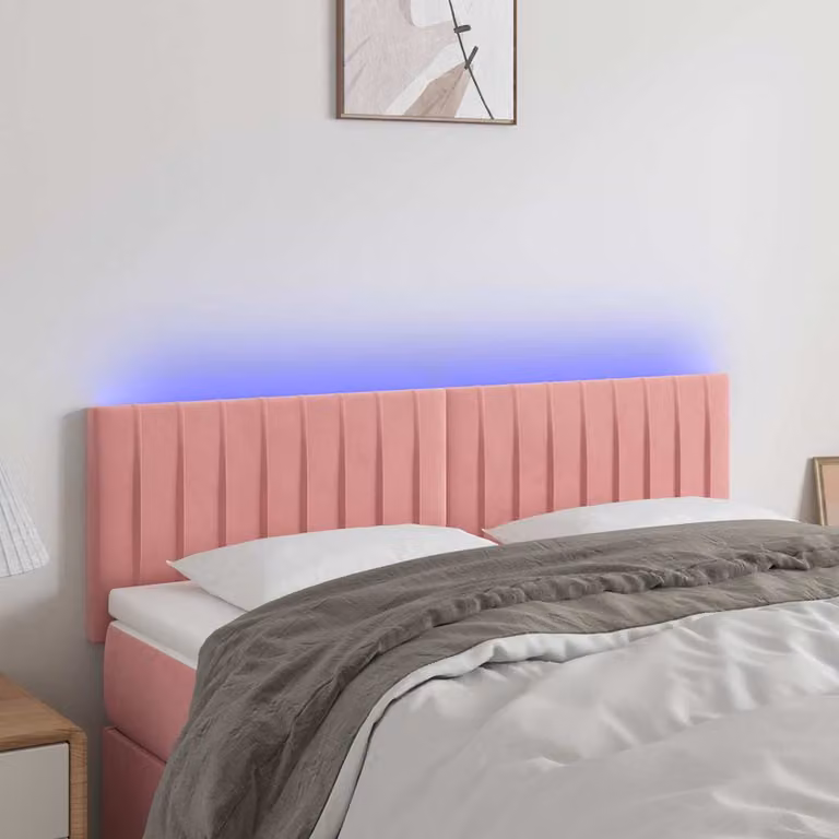 Testiera per letto vidaXL in velluto rosa con illuminazione LED e porta USB, L 144 x P 5 x H 78/88 cm
